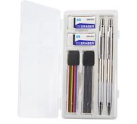 JOMPENS Kit de portaminas de 2 mm, caja de 2 lápices, 24 minas de lápiz y 2 gomas de borrar, incluyendo sacapuntas integrado, perfecto para escribir, arte, tareas y diarios (antideslizante)