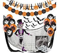 Jonami Decoracion Halloween Casa XXL, Decoraciónes Fiesta de Miedo - Banderas Banderinas, Murciélagos, Guirnalda Calabaza, Globos, Tela De Araña, Paño Negro Espeluznante y Esqueleto Articulado