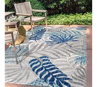 JONATHAN Y AMC100A-8 Alfombra Exterior Interior Hojas Palmera Tropical Anti Derrame, Fácil de Limpiar, Bohemio Floral, Habitación, Cocina, Patio, Porche, 240 cm x 300 cm, Gris/Azul