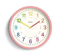JONES CLOCKS® Kids Reloj de Pared | Pequeño Reloj Infantil Moderno | 25cm | Rosa | Esfera de Colores para Aprender a Decir la Hora
