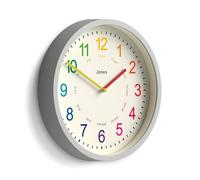 JONES CLOCKS® Kids Reloj de Pared | Reloj Moderno para niños | 25cm | Gris | Esfera colorida para aprender a leer la hora | Tamaño pequeño ideal para dormitorios infantiles o cuarto de bebé