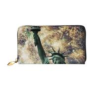 JONGYA Hermosa cartera de mano larga de cuero con estampado de globo aerostático con impresión completa, mostrando moda y creatividad, Estatua Libertad Bandera Fuegos artificiales, Talla única