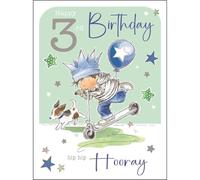 Jonny Javelin Tarjeta de 3er cumpleaños para niños, diseño de patinete y perro, acabado de aluminio y flitter, tarjeta de 3 años para él, tarjeta de felicitación de tercer cumpleaños