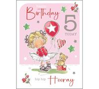 Jonny Javelin Tarjeta de 5º cumpleaños para niñas, diseño de niña linda, globos y peluche, acabado de aluminio y flitter, tarjeta de 5 años para ella, tarjeta de felicitación de quinto cumpleaños