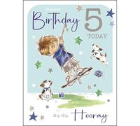 Jonny Javelin Tarjeta de 5º cumpleaños para niños, bonito diseño de niño y cachorro, acabado de aluminio y flitter, tarjeta de 5 años para él, tarjeta de felicitación de quinto cumpleaños