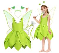 JONRRYIN Disfraz Campanilla para Niña, Disfraz Elfo con Alas de Hada Mariposa, Disfraz de Hadas Vestido Verde para Carnaval Halloween Cosplay Fiesta (Talla 100)