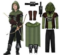 JONRRYIN Disfraz de Arquero para Niño, Juego de 7 Piezas Ropa Medieval para Niños, Robin Hood Disfraz, Carnaval, Semana Santa, Halloween, Fiesta Temática, Cosplay Disfraz para Niño (S)