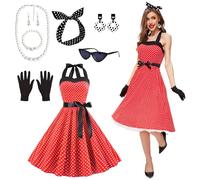 JONRRYIN Disfraz de los años 50 para mujer, 9 piezas Rockabilly accesorios con gafas de ojo de gato, pendientes, diadema, collar, guantes para fiesta de motoparty retro