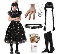 JONRRYIN Disfraz de Miércoles para Niñas, Wednesday Costume Kids con Luces, Vestido Negro de Miércoles con Peluca, Mano Miercoles, Calcetines, Collar y Pegatinas para Halloween (140)