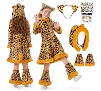 JONRRYIN Disfraz Leopardo para Niño, Vestido Animale Leopardo Set Niña, Disfraz Gato Leopardo con Orejas Leopardo Sombrero, Diadema y Etiqueta Engomada para Carnaval Cosplay Halloween (S)