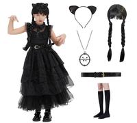 JONRRYIN Disfraz para niños, vestido gótico para niña, disfraz de miércoles para niños, negro, miércoles, cosplay, vestido de fiesta con peluca, cinturón y calcetines, para carnaval, Halloween