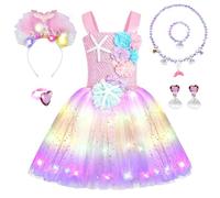 JONRRYIN Disfraz Princesa Sirenita Niña LED Con Diadema y Collar, Tutú Vestido Cosplay Para Carnaval, Cumpleaños, Fiesta, Halloween, Navidad - 2-10 Años