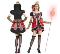 JONRRYIN Disfraz Reina Corazones, Disfraz Reina Corazones Mujer, Disfraz Reina Mujer con Corona y Medias para Carnaval y Halloween Fiestas (Manga larga, M)