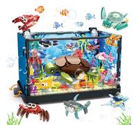 JONRRYIN - Piedra de construcción de acuarios, 12 en 1, incluyendo medusas marinas, peces, juguetes de construcción de animales, acuario Turtle Fish Tank Ideas para niños de 6 años y adultos