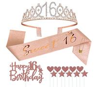 Jonvell 16 Años Corona Banda Cumpleaños Niñas Tiara Corona y Faja de Oro Rosa Cinturón de Cumpleaños Corona de Diamantes Topper per Torta di Compleanno 16 Regalo Niñas Cumpleaños Decoración