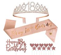 Jonvell 18 Años Corona Banda Cumpleaños Niñas Tiara Corona y Faja de Oro Rosa Cinturón de Cumpleaños Corona de Diamantes Topper per Torta di Compleanno 18 Regalo Niñas Cumpleaños Decoración