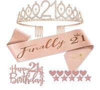 Jonvell 21 Años Corona Banda Cumpleaños Niñas Tiara Corona y Faja de Oro Rosa Cinturón de Cumpleaños Corona de Diamantes Topper per Torta di Compleanno 21 Regalo Niñas Cumpleaños Decoración