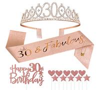 Jonvell 30 Años Corona Banda Cumpleaños Mujer Tiara Corona y Faja de Oro Rosa Cinturón de Cumpleaños Corona de Diamantes Topper per Torta di Compleanno 30 Regalo Mujer Cumpleaños Decoración