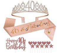Jonvell 40 Años Corona Banda Cumpleaños Mujer Tiara Corona y Faja de Oro Rosa Cinturón de Cumpleaños Corona de Diamantes Topper per Torta di Compleanno 40 Regalo Mujer Cumpleaños Decoración