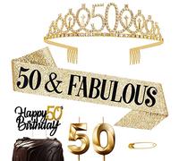 Jonvell 50 Años Corona Banda Cumpleaños Mujer Tiara Corona y Faja de Oro Cinturón de Cumpleaños Corona de Diamantes Velas Topper per Torta di Compleanno 50 Regalo Mujer Cumpleaños Decoración