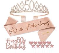 Jonvell 50 Años Corona Banda Cumpleaños Mujer Tiara Corona y Faja de Oro Rosa Cinturón de Cumpleaños Corona de Diamantes Topper per Torta di Compleanno 50 Regalo Mujer Cumpleaños Decoración