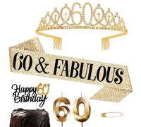 Jonvell 60 Años Corona Banda Cumpleaños Mujer Tiara Corona y Faja de Oro Cinturón de Cumpleaños Corona de Diamantes Velas Topper per Torta di Compleanno 60 Regalo Mujer Cumpleaños Decoración