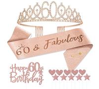 Jonvell 60 Años Corona Banda Cumpleaños Mujer Tiara Corona y Faja de Oro Rosa Cinturón de Cumpleaños Corona de Diamantes Topper per Torta di Compleanno 60 Regalo Mujer Cumpleaños Decoración