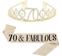 Jonvell 70 Años Corona Banda Cumpleaños Mujer Tiara Corona y Faja de Oro Cinturón de Cumpleaños Corona de Diamantes Velas Topper per Torta di Compleanno 70 Regalo Mujer Cumpleaños Decoración