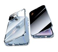 Jonwelsy Anti Peeping Funda para iPhone 14 (6,1"), 360 Grados Proteccion Case, Privacidad Vidrio Templado Anti Espía Cover, Adsorción Magnética Metal Bumper Cubierta para iPhone 14 (Azul)