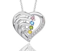 JONZIN Collar Personalizados con 1-4 Nombres,Colgante de Corazón con Piedras de Nacimiento,Regalo dia de la Madre para Mamá Mujer Abuela Esposa (4 Name + Birthstone)