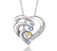 JONZIN Collar Personalizados con 1-4 Nombres,Colgante de Corazón con Piedras de Nacimiento,Regalo dia de la Madre para Mamá Mujer Abuela Esposa (3 Name + Birthstone)