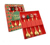 Jooehyer Juego de Tenedor y Cuchara Navideños de 4 Piezas, Vajilla de Acero Inoxidable, Juego de Tenedores y Cucharas para Postre, Té y Café