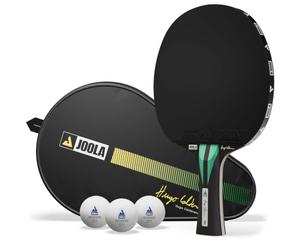 JOOLA Hugo Calderano Carbon - Raqueta de ping pong (incluye 3 pelotas de ping pong + funda, aprobado por la ITTF, revestimiento Vizon), color negro y verde