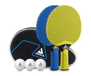 JOOLA Tischtennis Set Vivid Outdoor 2 Tischtennisschläger + 3 Tischtennisbälle + Tischtennishülle, Lima/Azul, 6 Teilig