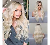 JOOLER Peluca rubia platino para mujer, peluca larga rubia degradada con raíces oscuras, fibra resistente al calor, gorra ajustable de 24 pulgadas, diseño elegante