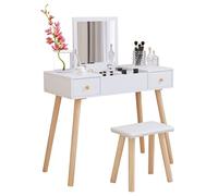 Jooli H Tocador con espejo abatible y taburete, juego de mesa de maquillaje con 2 cajones y 5 compartimentos de almacenamiento para dormitorio, color blanco