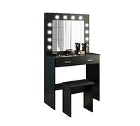 Jooli H Tocador Mesa de Maquillaje con Hollywood LED Espejo, 2 Cajones Grandes y Taburete, 80x40x140cm (Negro)
