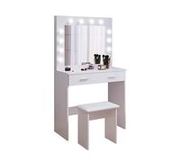 Jooli H Tocador Mesa de Maquillaje con Hollywood LED Espejo, 2 Cajones Grandes y Taburete, Blanco, 80x40x140cm