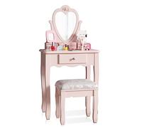 Jooli H - Tocador para niñas con espejo de corazón, cajones y taburete, color rosa