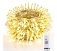 Joomer Guirnalda Luces de Navidad Exterior Pilas, 20M 200LED Luces Arbol Navidad Línea Transparente, 8 Modos Cadena LED Decoracion Navideñas Impermeable para Balcon Jardin Patio, Blanco Cálido
