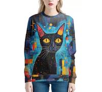 JooMeryer - Sudadera de cuello redondo con estampado 3D de Van Gogh para mujer, Arte Azul Geométrico Gato Negro, Large