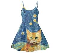 JooMeryer Van Gogh vestido acampanado con estampado de pintura al óleo con tirantes delgados y cuello en V para mujer, Gato Jengibre Noche Estrellada, M