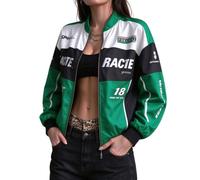 Jooseen Women's Race Car Driver Jacket, Red Color Block | Make a bold style statement with a red, black and white racing-inspired jacket designed to stand out in everyday outfits