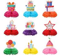 JOOTUEPO - Juego de 9 decoraciones de mesa de panal de abeja, coloridas Happy Birthday Center de mesa de panal, decoración de fiesta de cumpleaños para niños y niñas