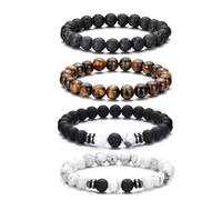 JOOTUEPO Pulsera Hombre, 4Pcs Pulseras, Ojo de Tigre, Piedra Natural, Roca de Lava, Cuentas de Cristal, Elásticas, Ajustables, Piedras Chakras, Regalos Navidad Originales, para Marido Hijo Novio Tío
