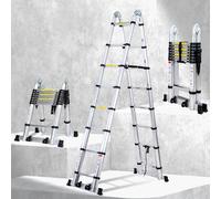 Joparri 5 m (2.5+2.5) escalera telescópica escalera plegable aluminio con desplegable doble desvío rodillos carga máxima 150 KG/330 libras, escalera multifuncional escalera portátil extensible