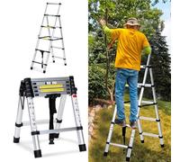 Joparri Escalera telescópica plegable de aluminio, 1,4 m + 1,7 m, marco A, 4 + 5 peldaños, extensible para reparación de techos, 62,7 cm plegado, 150 kg carga