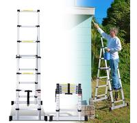 Joparri Escalera telescópica plegable de aluminio, 1,7 m + 2,0 m, marco A, 5 + 6 peldaños, escalera extensible para reparación de techos, tamaño plegado 65 cm, capacidad de carga de 150 kg
