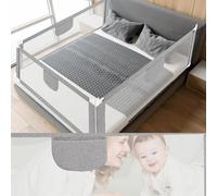 Jopassy Barrera de protección contra caídas de 200 cm, rejilla de protección para cama infantil, para niños y padres, altura regulable 64-96 cm, con malla aireada, estable, gris, 2 unidades