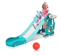 Jopassy Tobogán Infantil 4 en 1, Torre de Juego con tobogán, Marco de Baloncesto y máquina de Aprendizaje temprano en inglés, tobogán para niños a Partir de 2 años-Verde